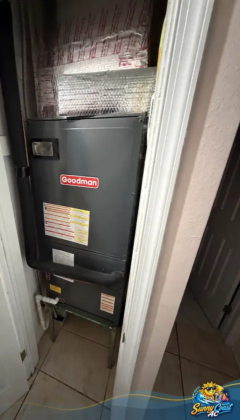 New air handler in a hall closet installed by Sunny Coast AC